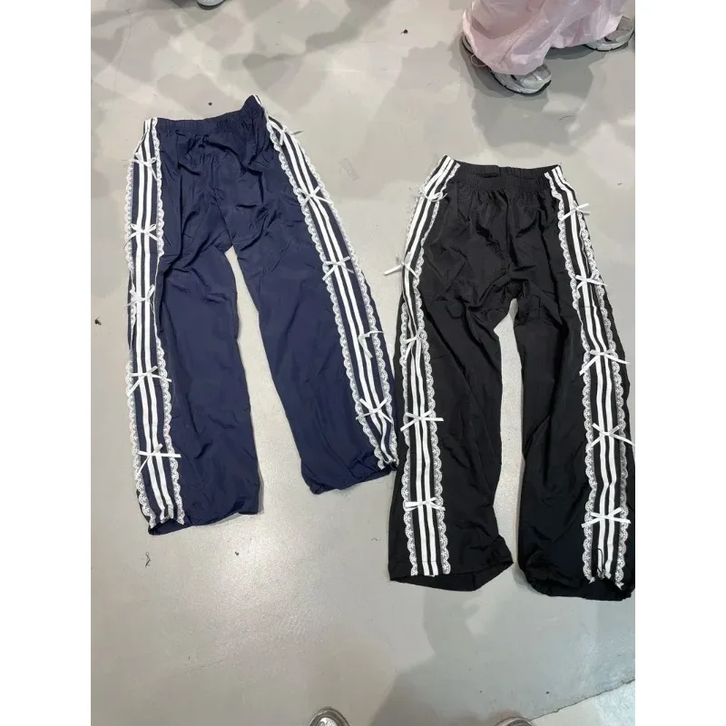 السراويل السوداء مرونة الخصر الدانتيل الأبيض حافة قطاع فراشة القدم Sweatpants النساء السراويل الرياضية النساء الفتيات ملابس كاجوال فضفاضة #3