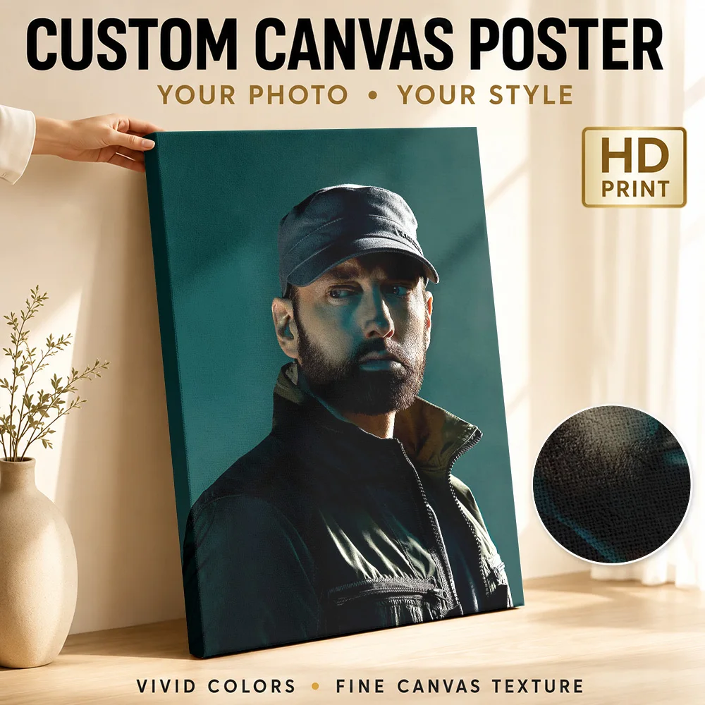 Eminem In Black Cap And Jacket Framed Canvas Poster Customized Photo Low Key Studio Lighting Wall Art For Music Listening Room