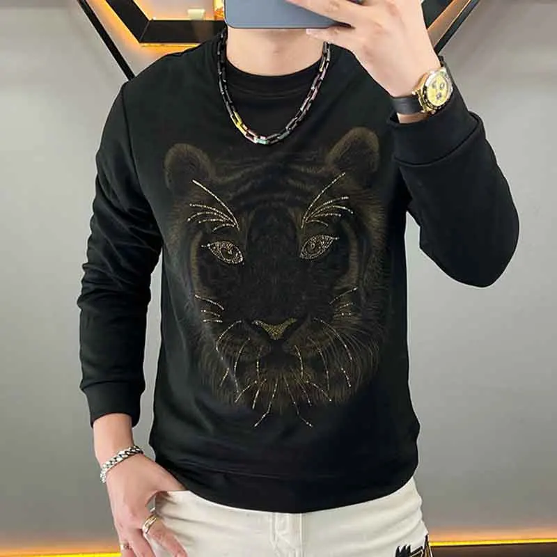 

European new men's round neck autumn fashion hot diamond long sleeve top T-shirt.