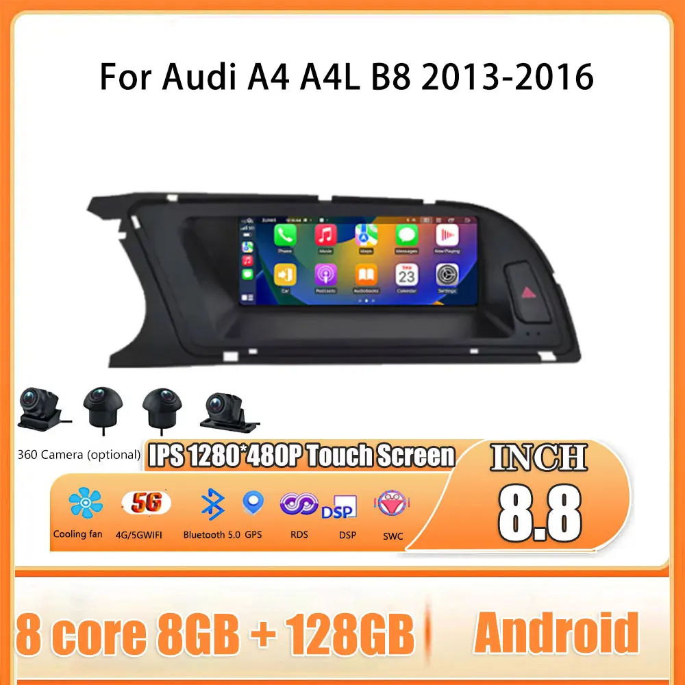 

8.8 Inch Android 14 Touch Screen Car Accessories Carplay Monitors Multimedia Audio Radio Player For Audi A4 A4L B8 2013-2016