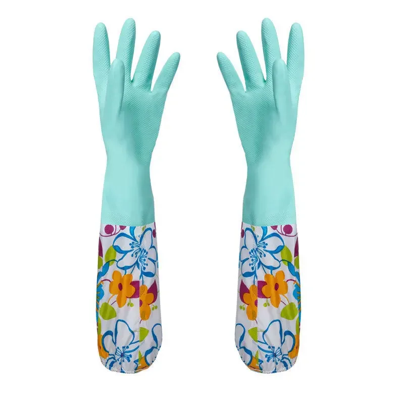 Flower Rubber Velvet Long Gloves Household  Antiskid Washing Cleaning   Dish