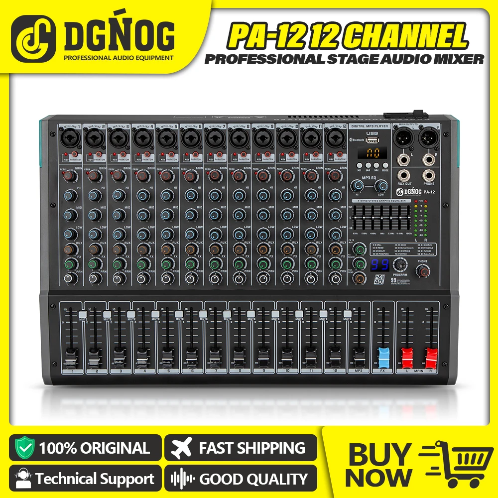 12 Channels Audio Sound Mixer DGNOG PA-12 Mixing DJ Console USB with 48V Phantom Power 99 DSP Effects Sound Table for Stage