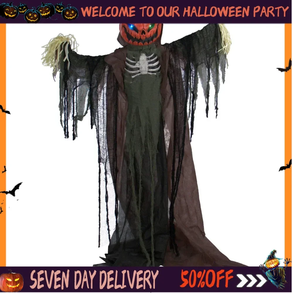 

Halloween Life-Size Poseable Pumpkin Scarecrow, Halloween Animatronic with Touch Activated Lights and Sound, Scary Fright Props