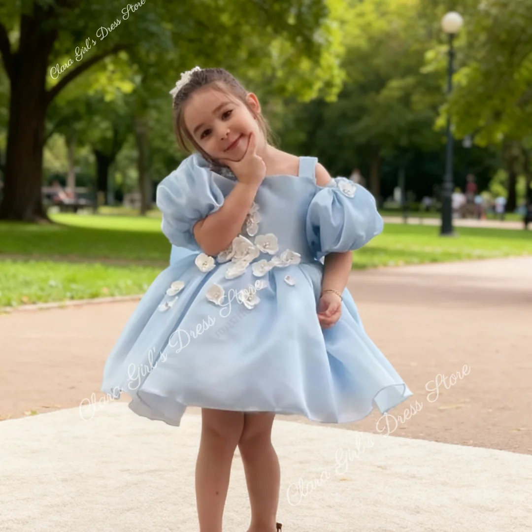 라이트 블루 오간자 플라워 걸 드레스 스퀘어 넥 짧은 소매 A라인 스커트 맞춤형 생일 파티 첫 영성체