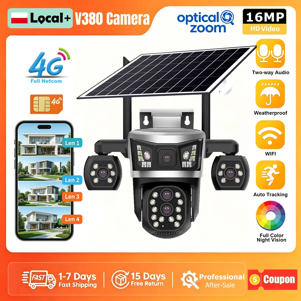 Caméra solaire V380 4G SIM 16MP 4 objectifs 4 écrans 360° °   Caméra de surveillance vidéo sans fil PTZ extérieure avec vision nocturne pour la sécurité domestique