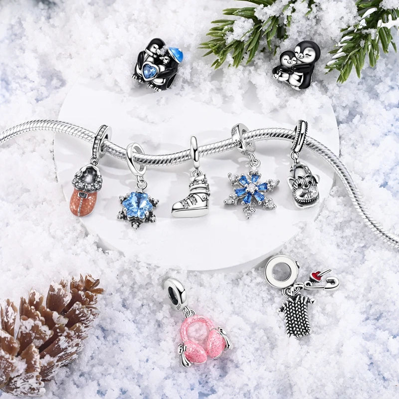 Abalorios de plata de ley 925 originales, cuentas de copo de nieve de invierno, muñeco de nieve, pingüino Igloo, colgante apto para pulsera, dijes, regalo de joyería para mujer