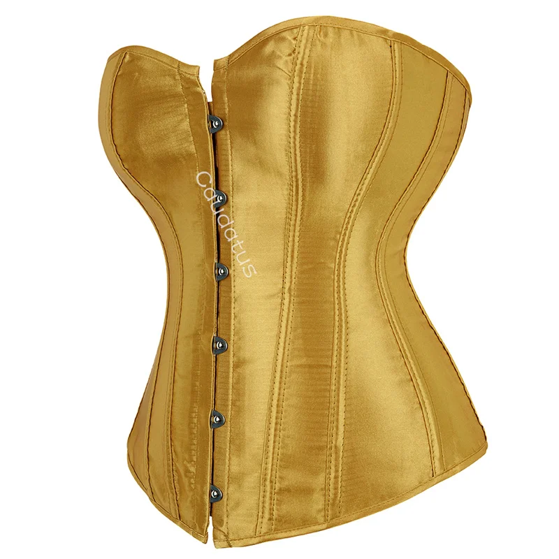 Caudatus Yellow Corset Top Bustier For Women Overbust Satin Sexy Lace Up Corselet Brocade Vintage Style Korsett Plus Size