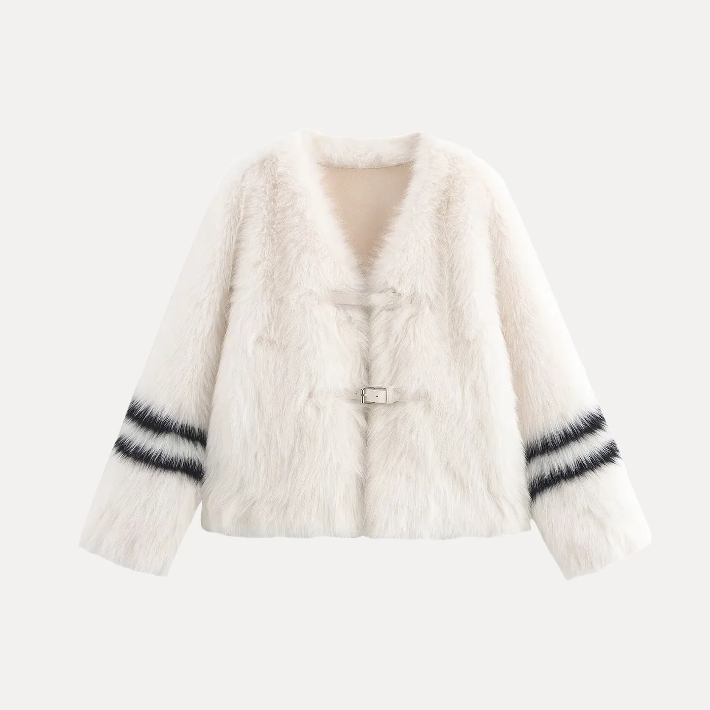 เสื้อโค้ทผู้หญิงลายทาง แขนยาว คอวี แฟชั่น ฤดูใบไม้ร่วง 2025 รุ่นพรีเมียม แต่งขนที่ปลายแขน