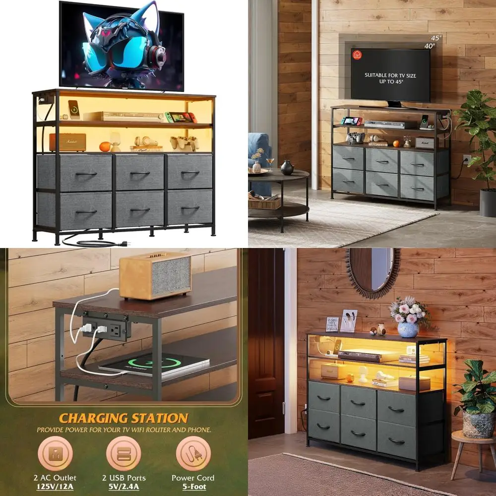 

WLIVE Grey TV Stand for 40, 45 inch TV, Entertainment Center with LED Lights & Charging Station, TV Media Console Table with 6 F