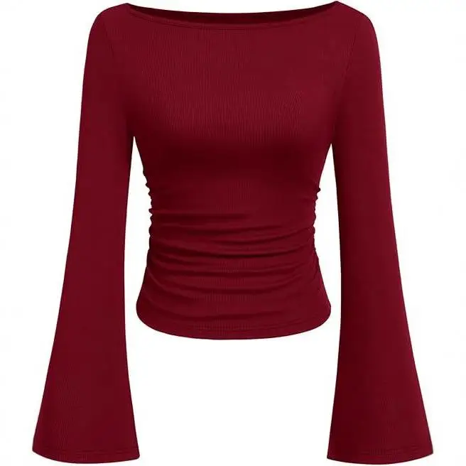 

Осень 2023, женская футболка Long Sve Horn Sve Sle, облегающая, однотонная, Bell Sve, дизайн на одно плечо, без бренда, зарегистрированная