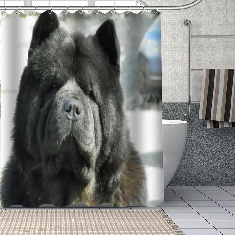 Cute Fluffy Chow Chow Dog Peeking Through Window Shower Curtain Realistic Pet Dog Photo Print Rustic Green Metal Window Backgrou