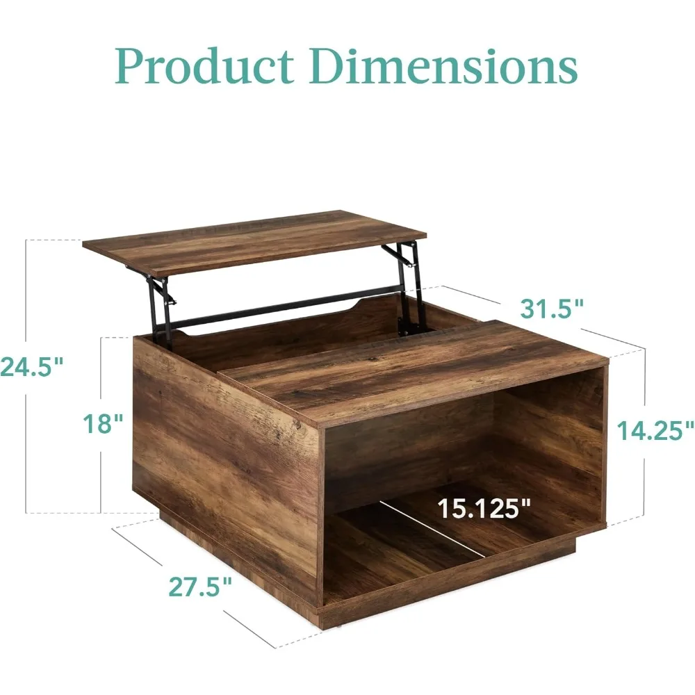 Square Lift Top Coffee Table, Wooden Rustic Modern Multifunctional Accent Table for Living Room w/Hidden Storage, Cubby