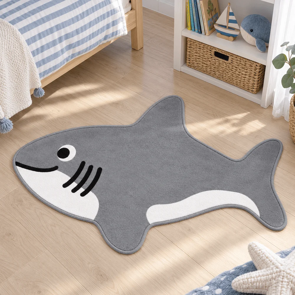 Playful Gray Shark Shaped Rug Cartoon Ocean Animal Floor Mat for Bedroom Bathroom Playroom Nursery Dorm Coastal Home Decor Gift
