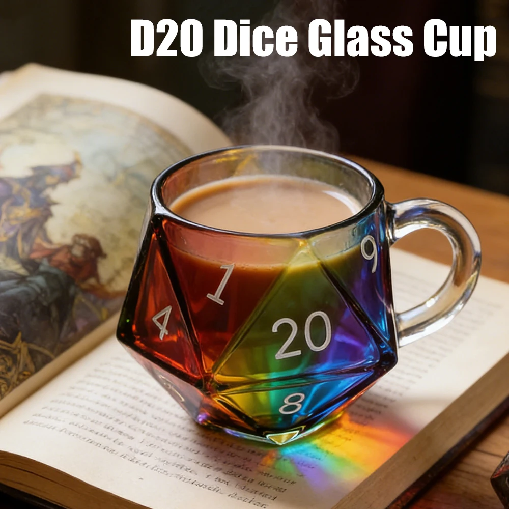 

Стеклянная кружка D20 для игр с кубиками, прозрачная стеклянная кружка с ручкой для игровых вечеров, для любителей настольных игр, кофейная кружка для игр с кубиками