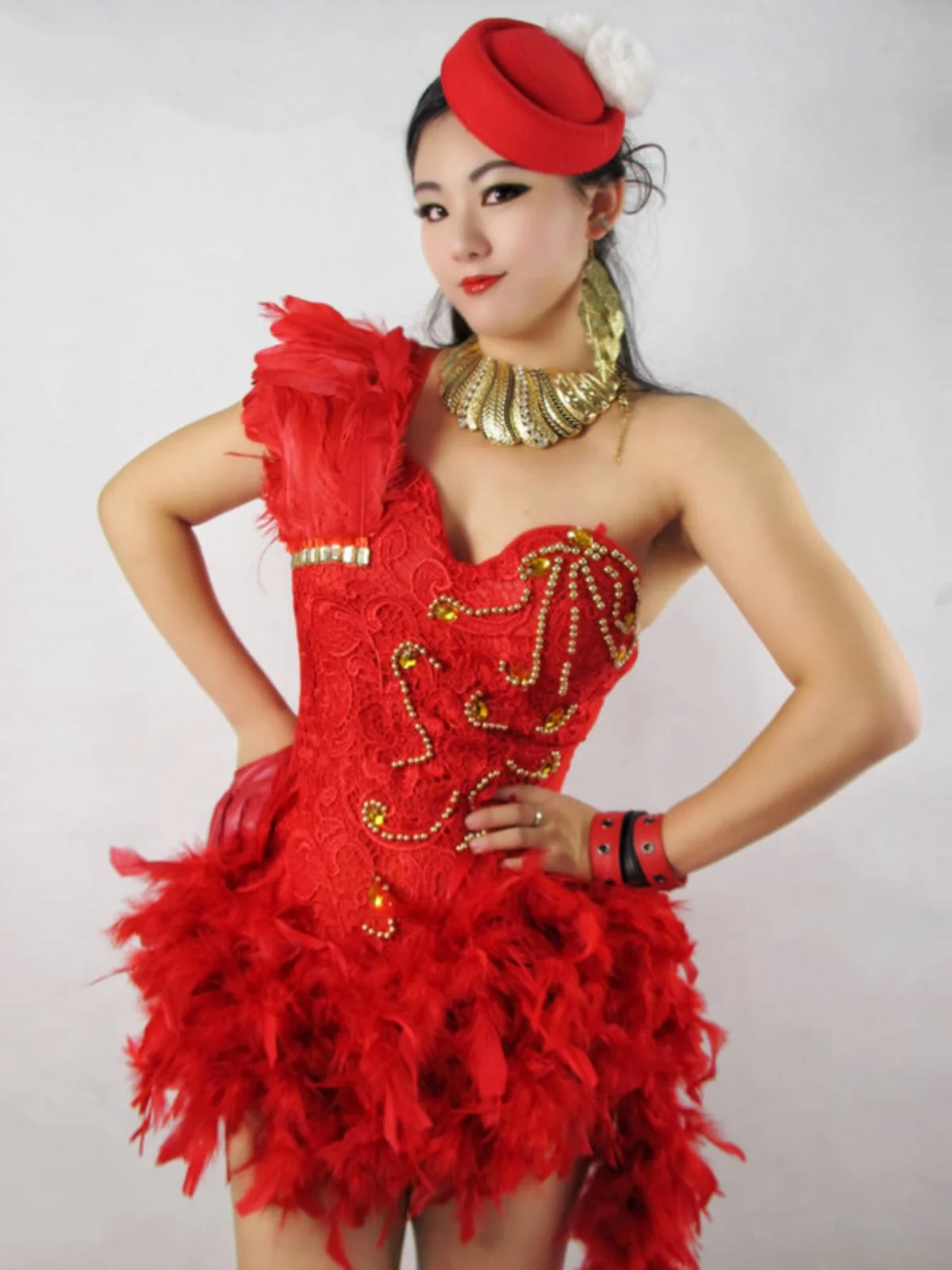 New Year Performance Costume Sexy One-Piece Set Nightclub DJ Female Singer Bar Performance Feathers Red Lace Gogo Dance Outfit