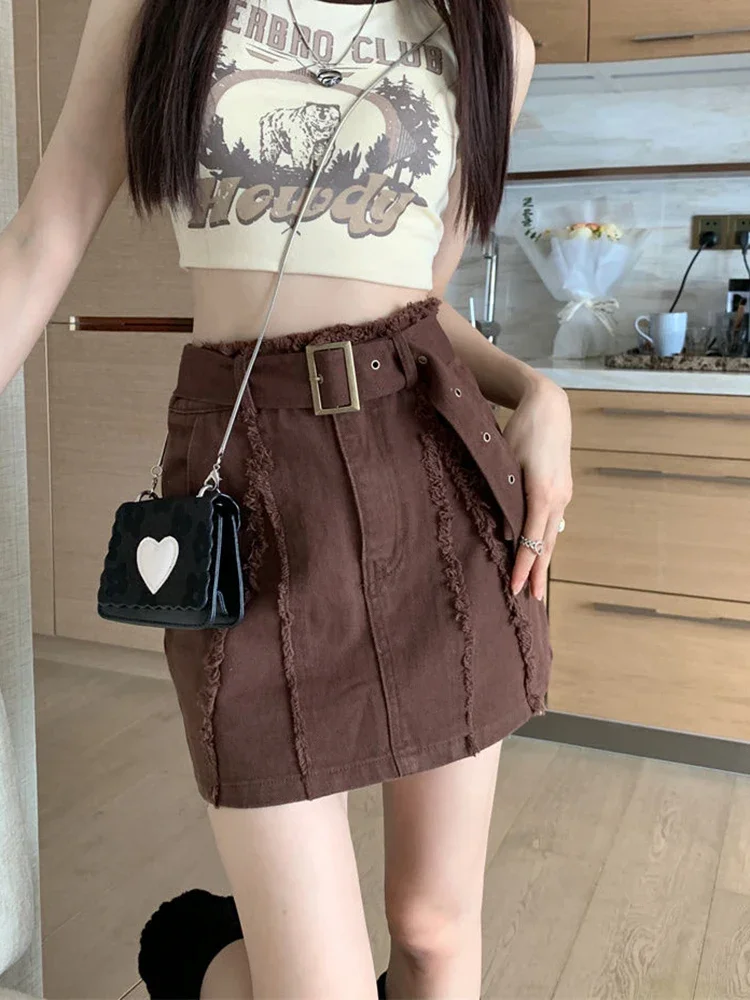 เข็มขัดวินเทจ DENIM กระโปรงผู้หญิงพู่ Streetwear เอวสูงกระโปรงมินิอเมริกัน Retro เซ็กซี่ Slim Casual กระโปรงสาย