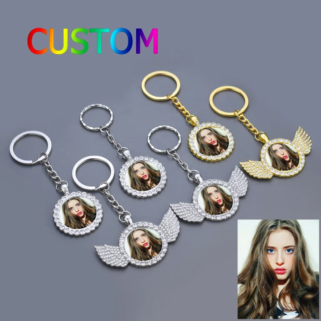 Custom Logo Photo Keychain Keyring Personalized Glass Cabochon Charming Crystal Angel Wing Pendant Jewelry Women Men Party Gifts