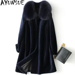 Ayunsue real ovelha shearling casaco de pele inverno jaqueta feminina gola de pele de raposa 100% lã casaco feminino coreano longo colthes meus