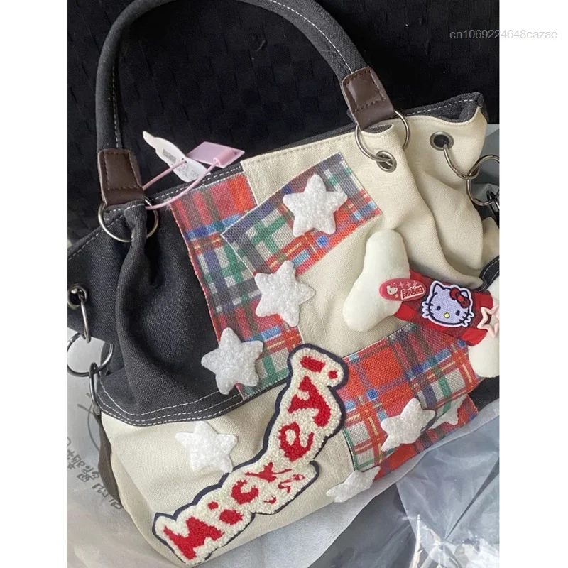 Sanrio Hello Kitty moda Vintage torebki damskie w czerwoną kratę Bone Star Canvas millenium Y2k torba Crossbody damskie torby na ramię