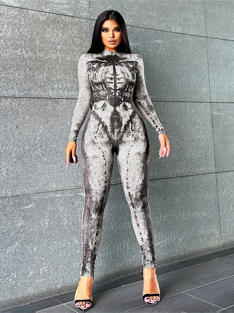 Abstract Print Jumpsuits Women Hipster Sexy Full Long Sleeve Front Zipper Slim One Piece Overalls 2023 Vintage Streetwear Sport