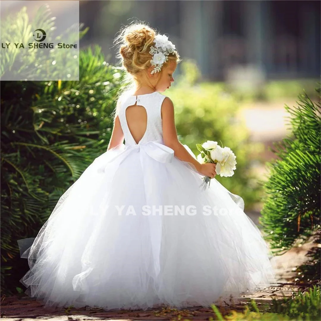 Flower Girl Dress White Sleeveless Tulle Lace Printing Backless Princess Ball First Communion Dresses Surprise Birthday Present