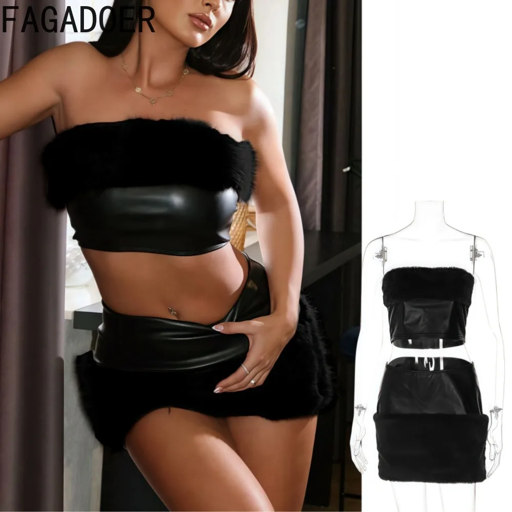 

FAGADOER Sexy Fur Patchwork Women 2 Piece Set Outfit Leather Backless Crop Tops and Mini Skirts Suits Female Streetwear Clothing