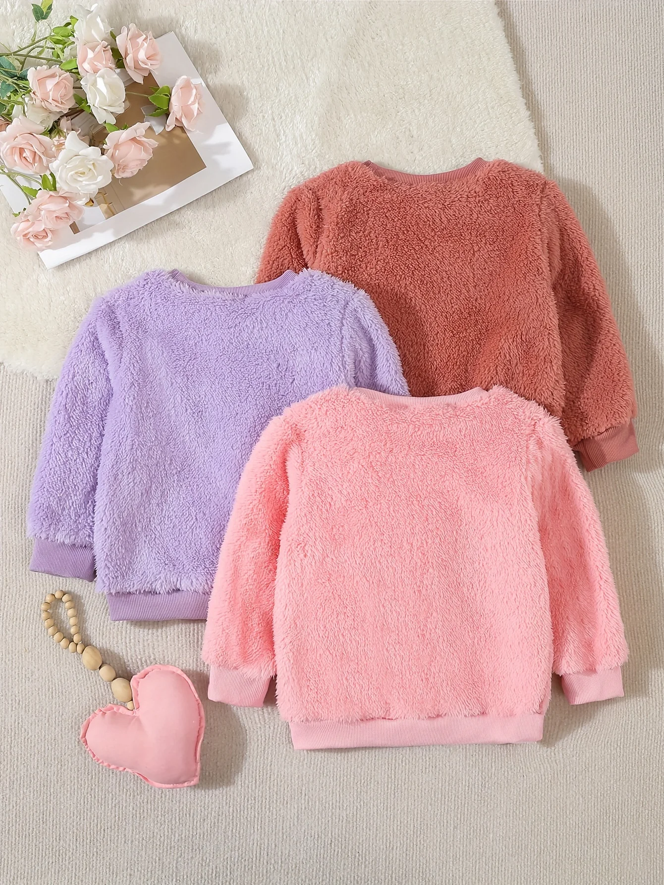 New Autumn And Winter Warm Plush Hoodie 3 Pieces Of Cute Thick Loose Comfortable Love Embroidered Round Neck Bottom Shirt