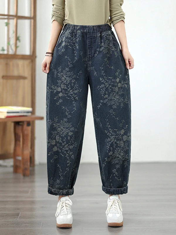 الرجعية Waed الأزهار التطريز المرأة الجينز مرونة الخصر فضفاضة التخسيس عارضة هارلان السراويل الخريف جديد Sle الأزرق القطن بو...