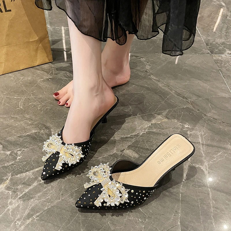 

Spring Autumn New Fashion Elegant Baotou Slippers Women's Shallow Water Diamond Bow Decoration Party High Heels Women's Shoes
