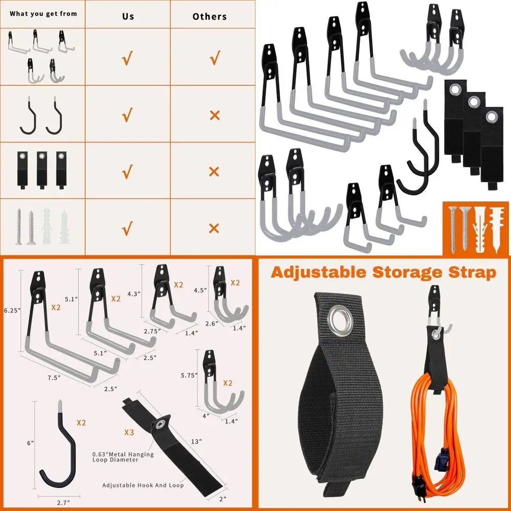 

Сверхмощные стальные гаражные крючки из 15 штук с органайзером для велосипеда и удлинителем для хранения инструментов в доме, склада и на открытом воздухе