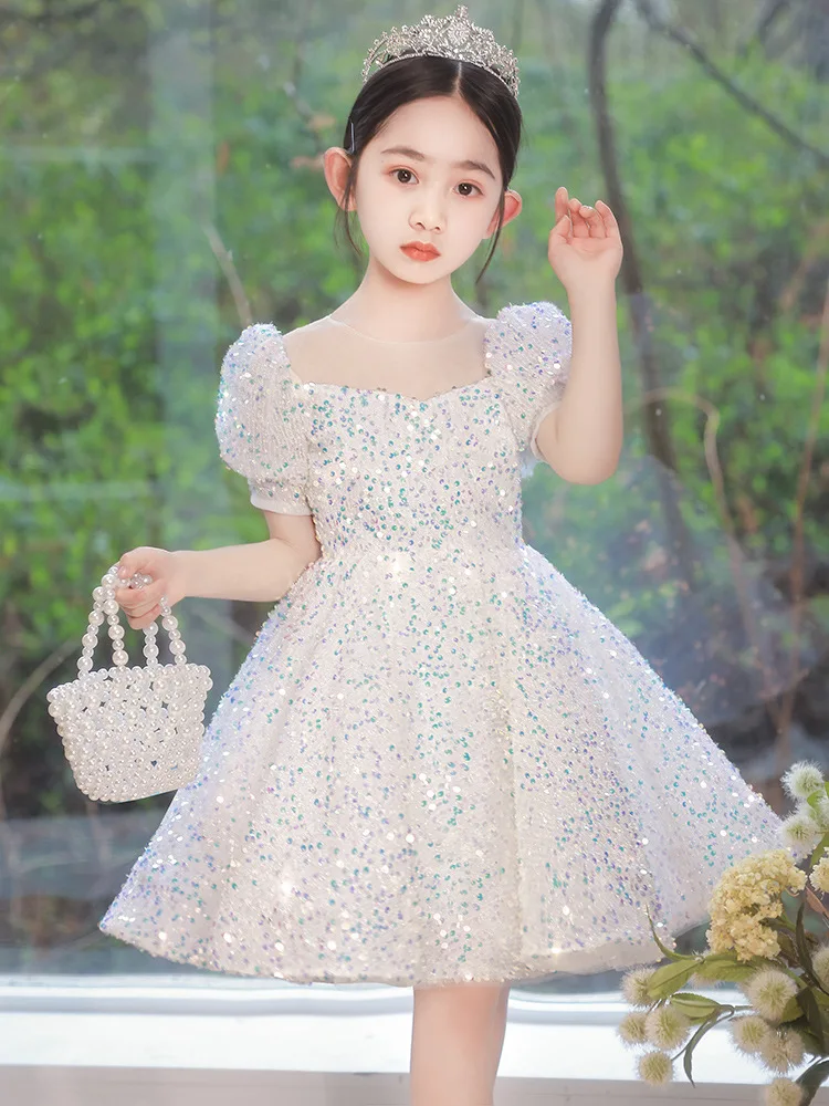 IYEAL Girls\' Sequins Dress Children\'s Princess Dress New Flower Girl Wedding Little Girl Host Piano Performance Dress