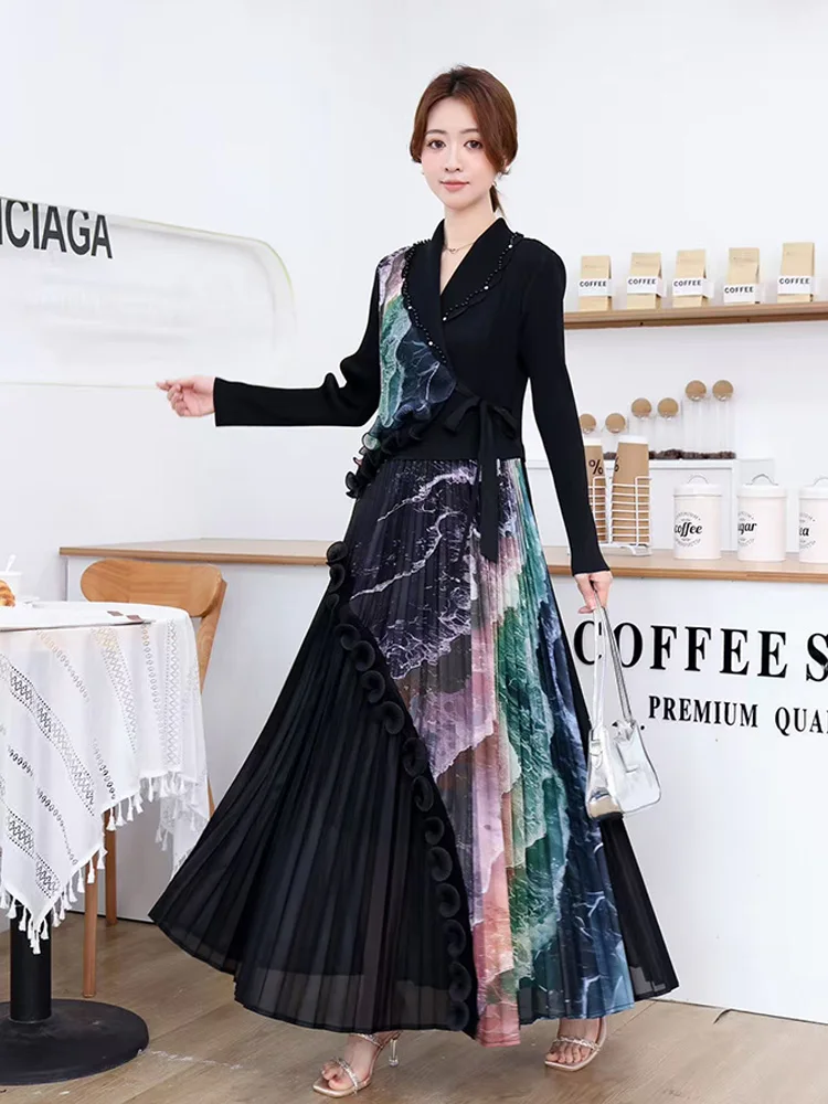 

ANLAN 2025 Summer New Pleated A-line Dress Elegant Suit Collar Mid To Long Style Waist Cinching Slim Women's Folds Skirt 9AN8107