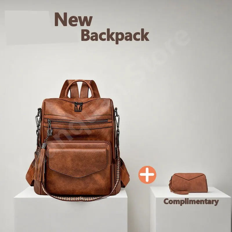 Ladies Fashion PU Leather Backpack Waterproof Anti-theft Large Capacity Tassel Detail Retro Travel Business College Backpack