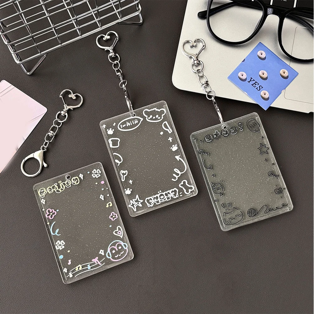 Acrylic Glitter Card Holder Graffiti Keychain Photocard Holder INS Transparent Korean Version ID Badge Holder Bus Card Holder