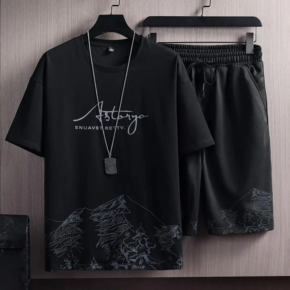 2Pcs/Set Casual Outfit Fashion Thin Sportswear Suit Mountain Print Loose T-shirt Loose Shorts Sport Suit Streetwear