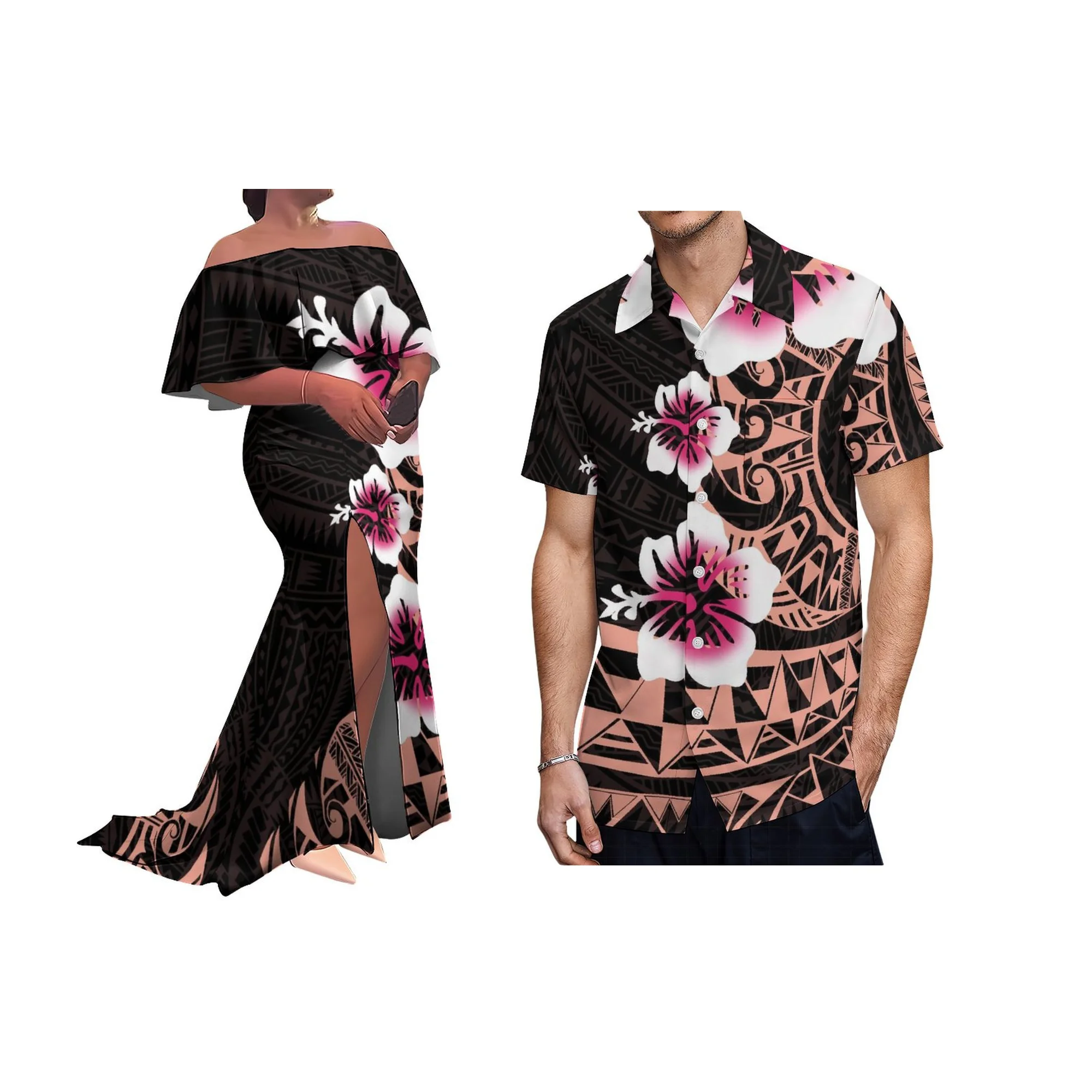 

Top Quality Custom Tonga Polynesian Print Slit Pleated Sleeveless Dress Plus Size Off Shoulder Floor Length Dress Women Gowns