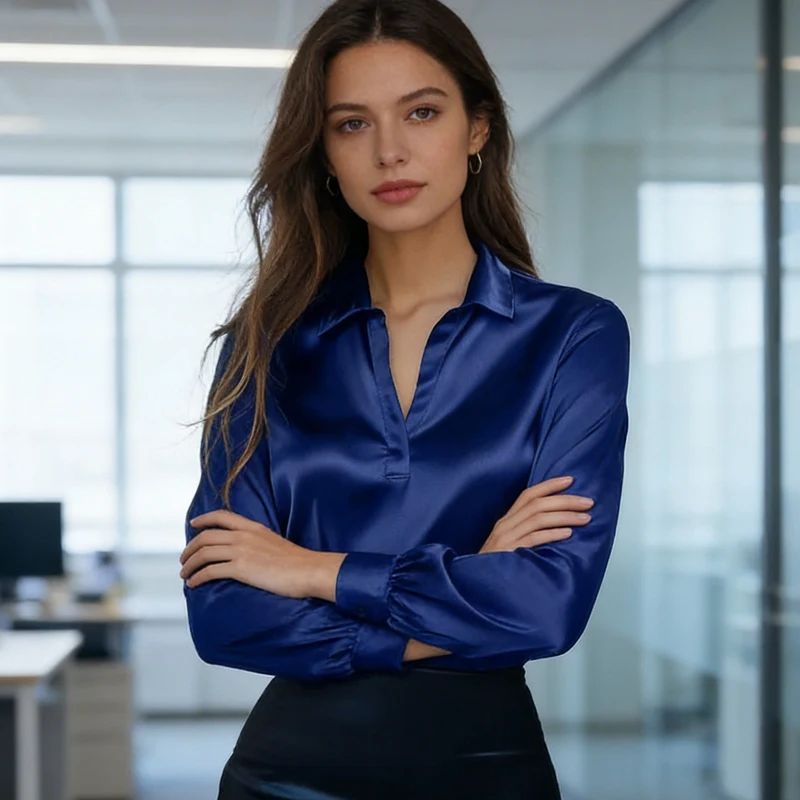 

Элегантная женская рубашка-поло базового кроя из атласа однотонного цвета с длинным рукавом для офиса, весна-осень