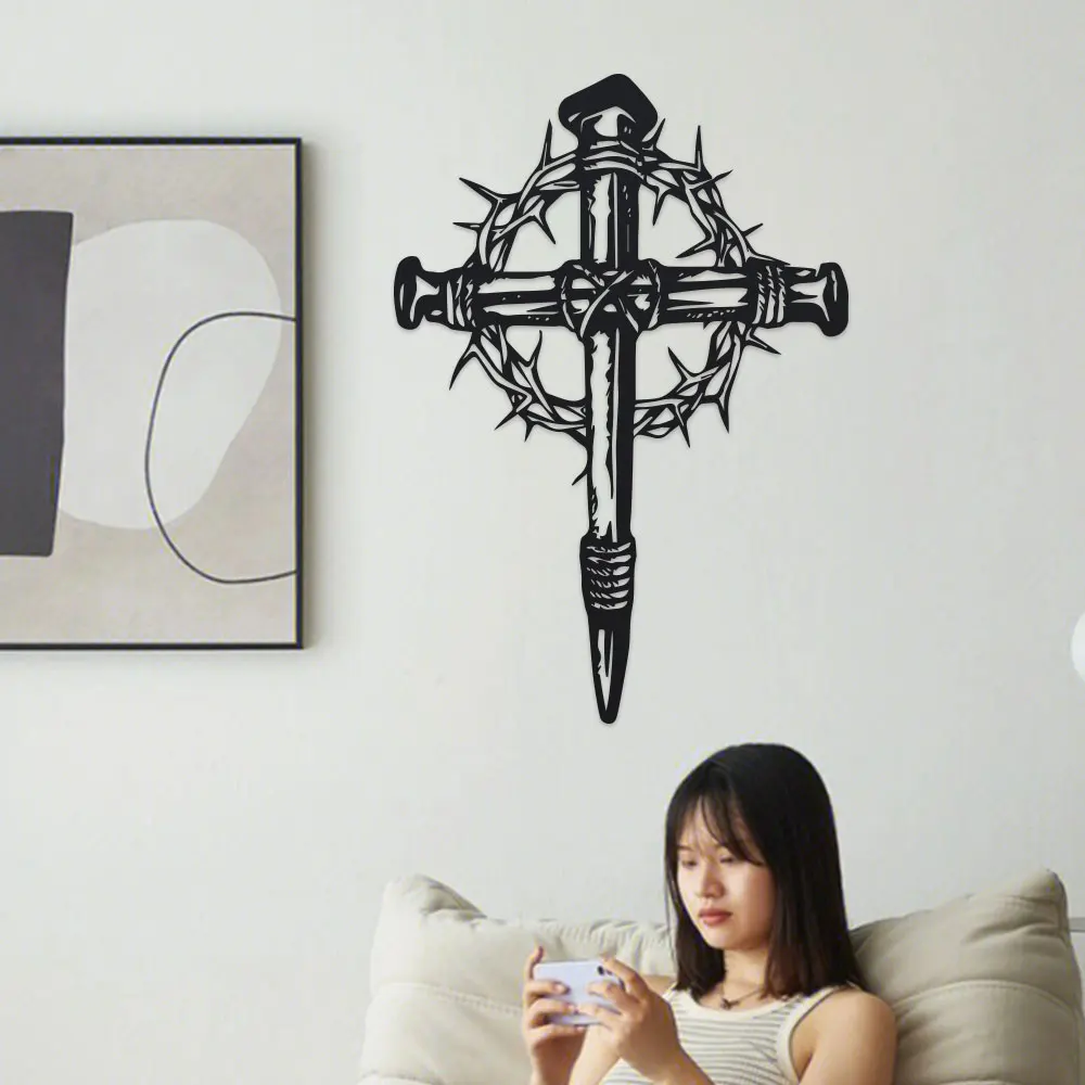 Gothic Metal Cross Wall Art with Thorns - 1pc Intricate Iron Home Decor for Living Room, Bedroom, Dining Area - view 3