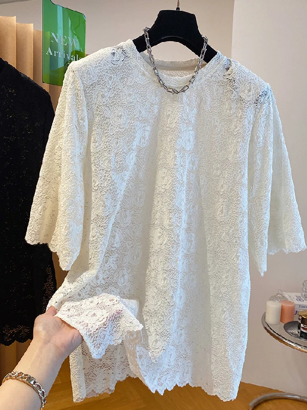 

plus Size Women's Lace Shirt T-Shirt Hook Flower Casual Short Sleeve Summer Top Irregular Hemline Comfortable Polyester Fiber