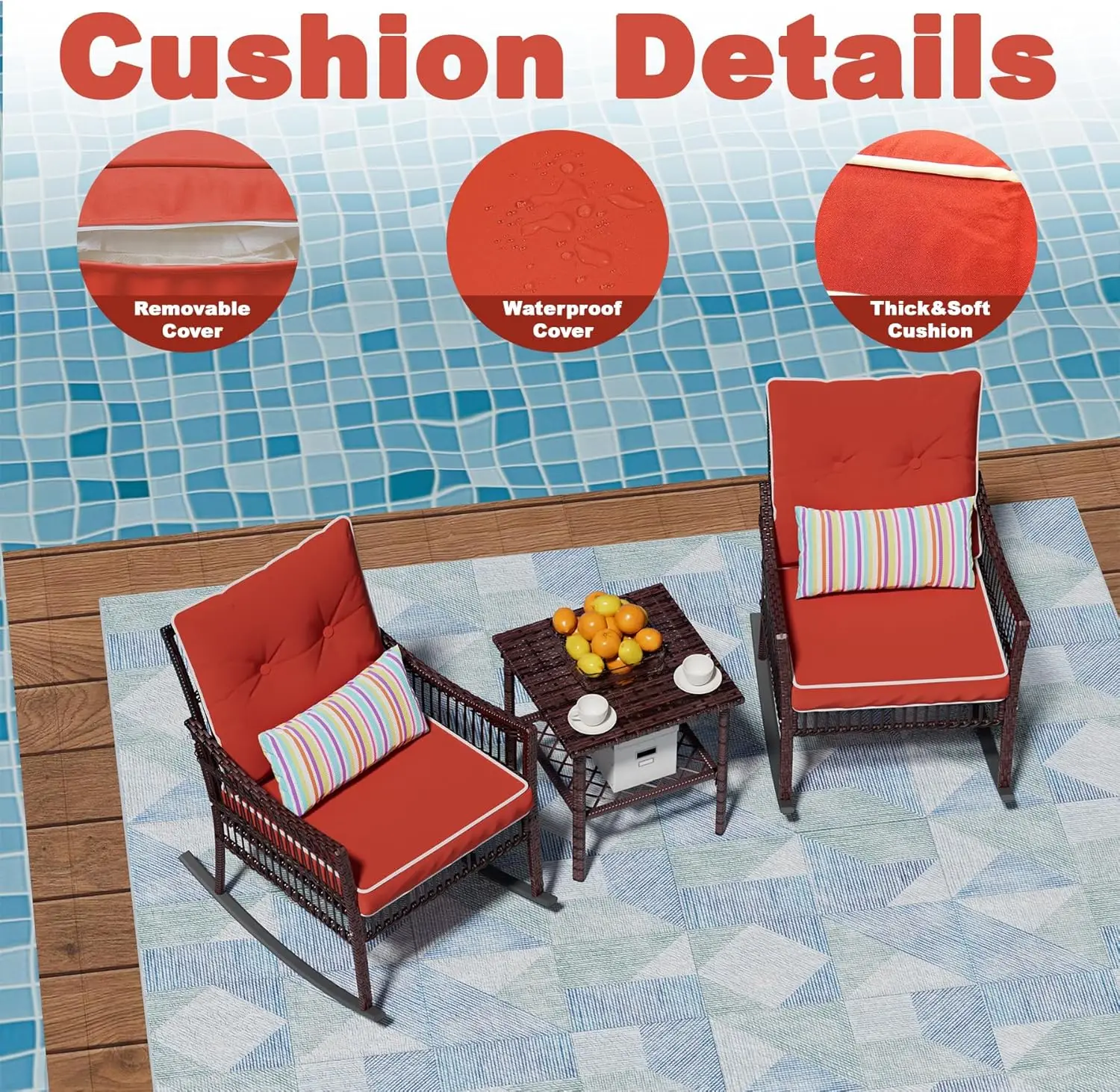 ชุดเฟอร์นิเจอร์หวายสำหรับระเบียง 3 ชิ้น เก้าอี้โยกกลางแจ้ง ชุดโต๊ะกาแฟและเก้าอี้โยกสำหรับระเบียงหน้าบ้าน