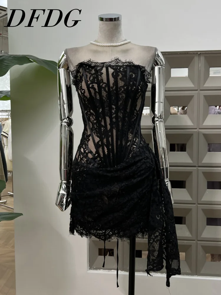 DFDG Women’s Vietnamese Vintage Designer Lace Dress Sheer Strapless Corset Tie Waist Party Spring Summer Evening Events Dress