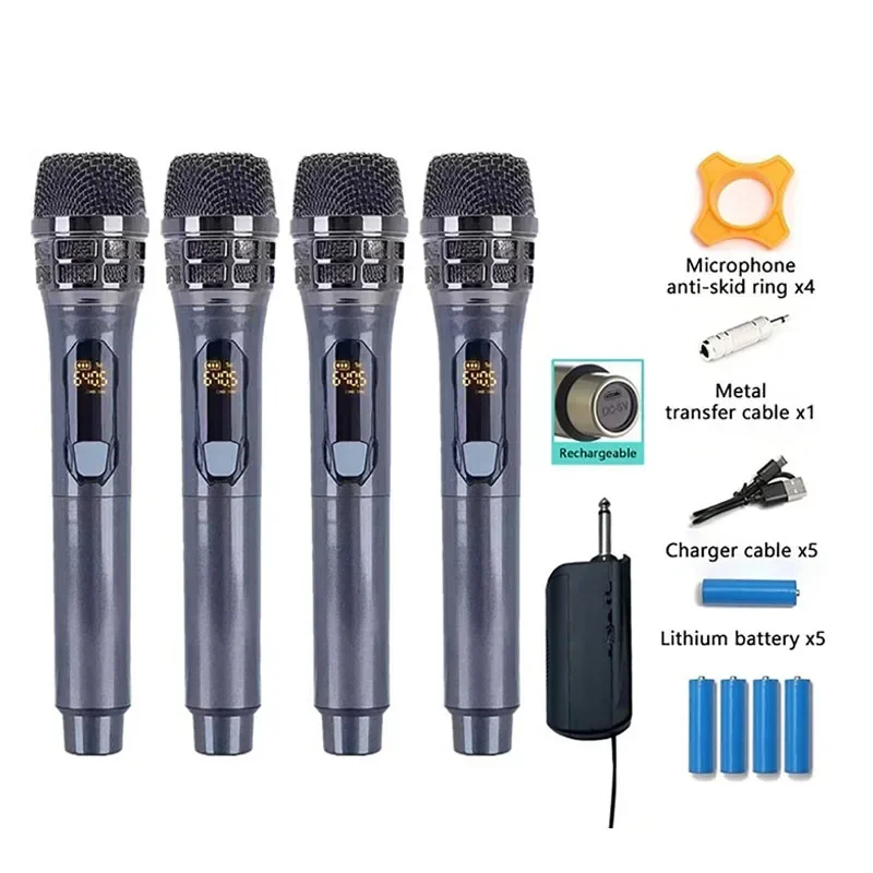 

4 Channel Wireless Microphone Karaoke Mic Fixed Frequency with Rechargeable Receiver Battery for Home Party Speaker