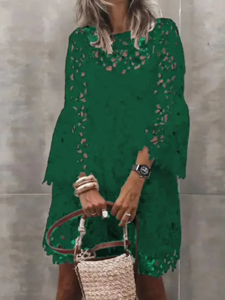 أزياء من الدانتل هوك زهرة فستان مجوف سيدة أنيقة طويلة الأكمام س الرقبة فساتين للنساء عارضة عطلة حزب تنورة الصيف جديد