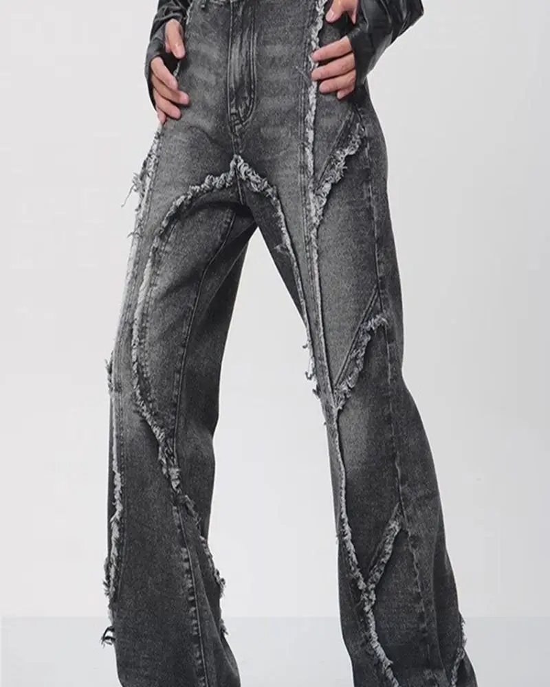 Men's Edge Fringe Design Retro Micro Horn Jeans Casual Large Pockets Pants Male Bottom Cool Boy High Waist Denim Y2k Trousers