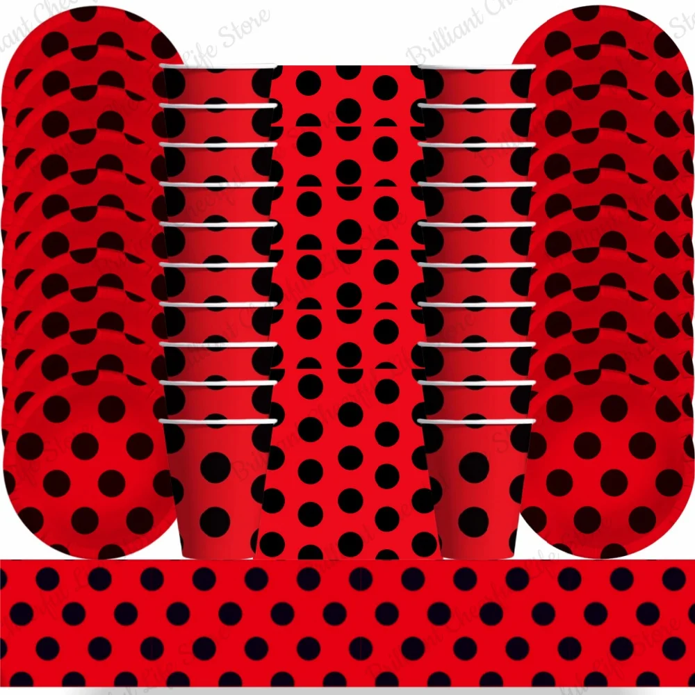 Ladybug Birthday Party Decorations Red and Black Polka Dots Disposable Tableware Set Tablecloth For Kids Baby Shower Supplies