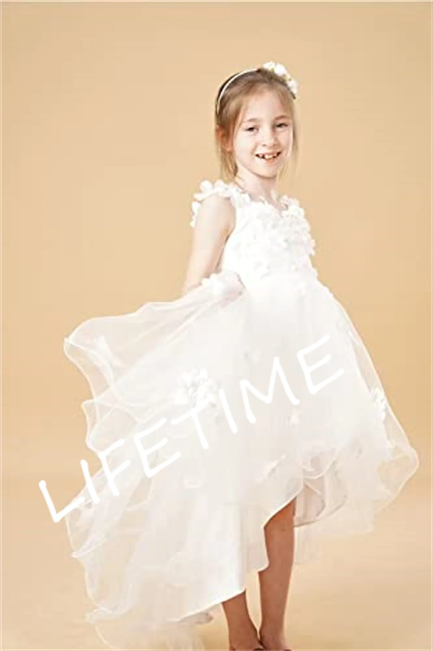 

Eightale Flower Girl Dresses For Wedding High Low Tulle Flowers Appliqued Princess Pageant Formal Party Dress Ball Gowns