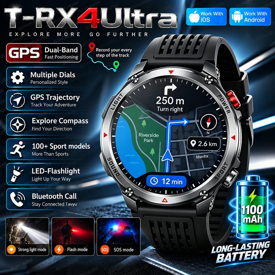 New T-RX4 Ultra 1100mAh Big Battery Adult Men Smart Watch 1.7" AMOLED Screen HD Call Compass IP68 Waterproof GPS Sports Watches