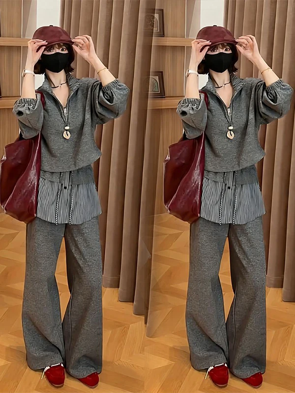 

Spring Early Loose Feel Half Zip Hoodie And Wide Leg Pants Women's Fashion Set Casual Style High Waist Trousers Two Piece Suit