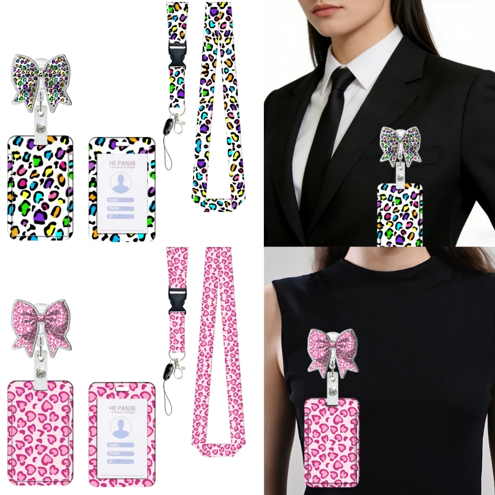 Leopard Print Lanyard with Card Holder and Retractable Badge Reel Set Pink Heart Rainbow Leopard ID Badge Holder with Bow Knot