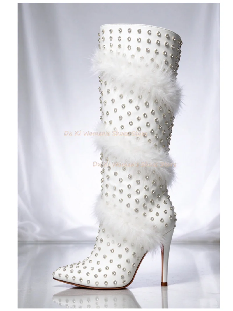 Pointed Tip Stiletto Heels Feather Decorate White Feather Knee-High Boots Embellished With Rhinestones Luxury Winter Boots